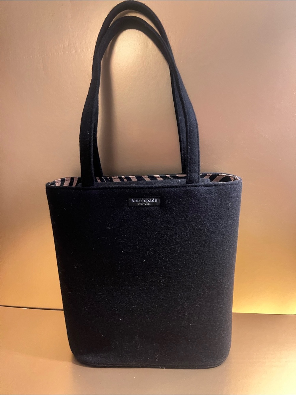 Vintage Y2K Kate Spade Wool Felt Structured Tote Bag – Black with Zebra Lining
